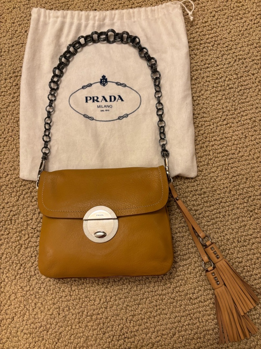 Prada Tan Leather Shoulder Bag with Gunmetal Chain and Tassels